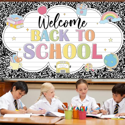 Welcome Back to School Banner 71x43 Inch Composition Notebook Design