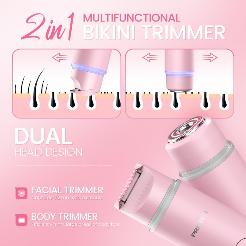 Bikini Trimmer for Women Dual Head Facial Hair Remover 2 in 1 Electric Razors for Women,Waterproof Public Hair Trimmer for Face,Underarm,Leg,USB-C Smart Light (Pink)