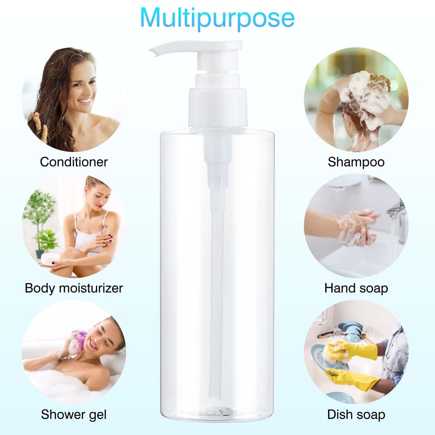Plastic Pump Bottle Dispenser, BPA-Free Clear Refillable Empty Containers,2 Pack Cylindrical Hand Pump Bottles Dispenser for Shampoo, Lotion, Body Wash, Conditioner, Creams and Toiletries