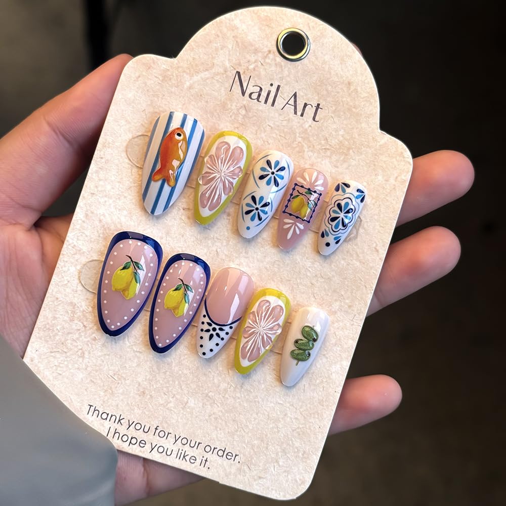 French Tip Press on Nails Almond Medium Fake Nails with 3D Goldfish Lemon Designs Summer Flower Nails Press ons Glossy Glue on Nail White Blue Yellow Acrylic Nail Spring Stick on Nails for Women 24Pcs