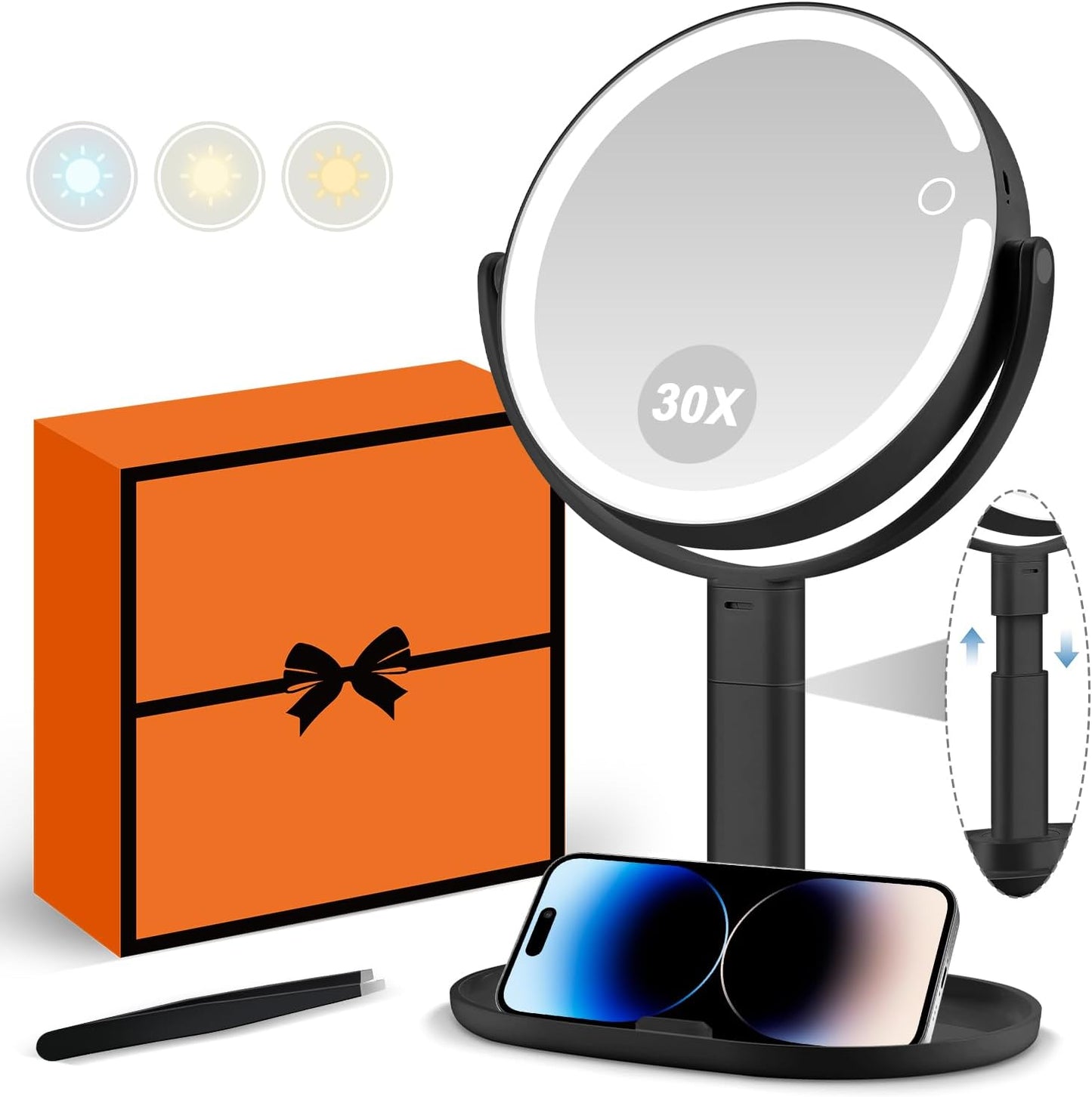MIYADIVA 30X Magnifying Makeup Mirror with Lights - Adjustable Height, Dual-Sided, Phone Holder, 2000mAh Battery