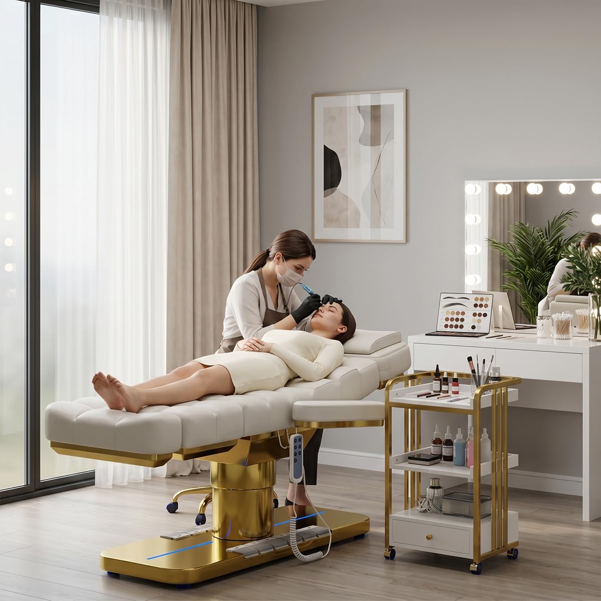 Lexdiwer Fully Electric Facial Massage Bed with 3 Motors for Esthetician, Electric Tattoo Chair for Client, Facial Bed for Esthetician, Electric Adjustment