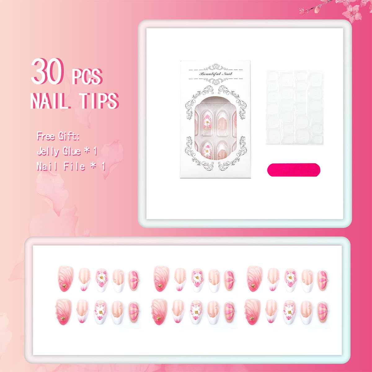 30Pcs Pink Press-On Nails - Almond Medium French Tip with 3D Flower & Gold Bead Design | Glossy Reusable Acrylic for Women
