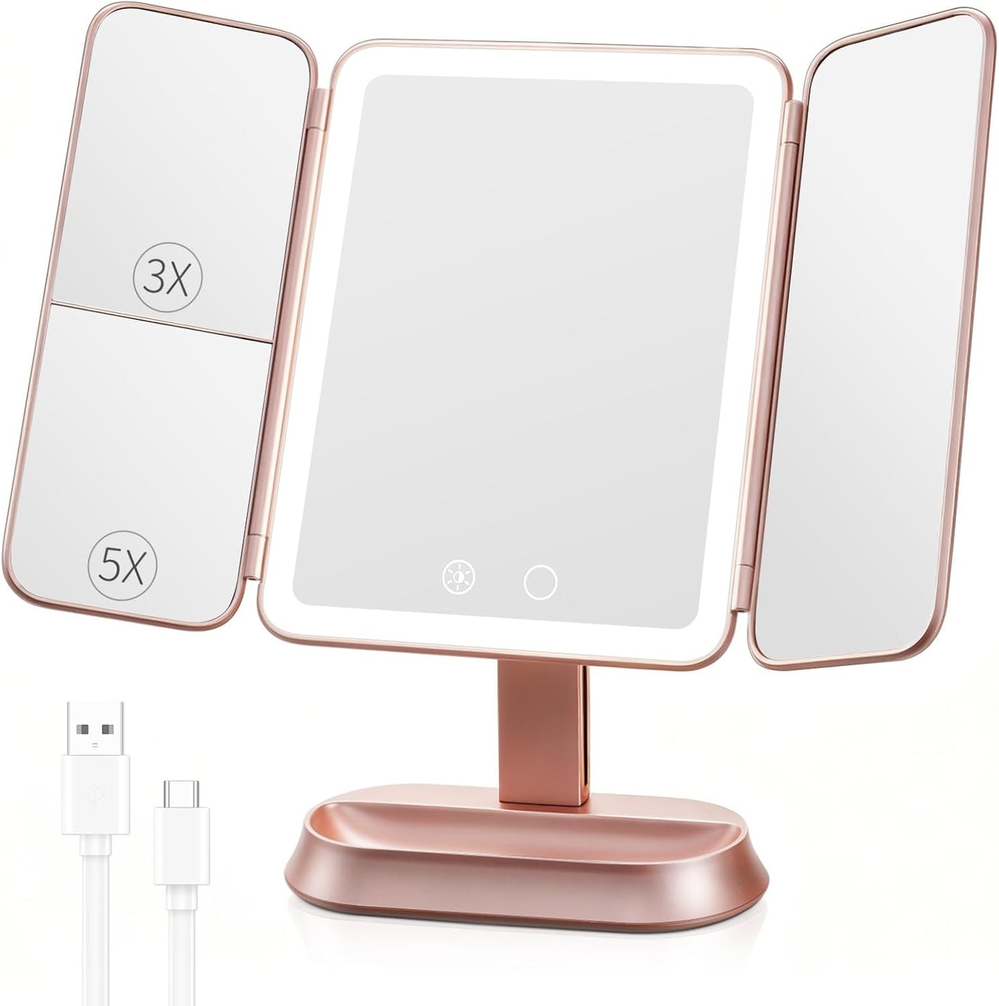 Lighted Makeup Mirror - 1X/3X/5X Magnification, Elegant Rose Gold Trifold Vanity Mirror with Smart Touch & 3 Lighting Modes | Portable Rechargeable Design