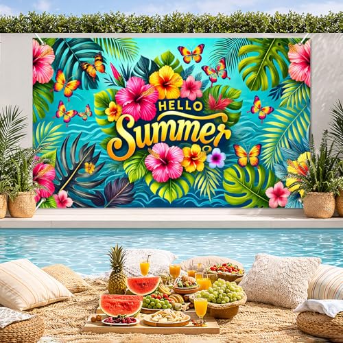 Hello Summer Banner - 71x43 Inch Tropical Party Decor