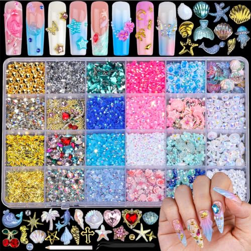 FAMDAMEI Summer Nail Charms Kit – Ocean 24 Grids with Mermaid, Starfish, Seashell Gems, 3D Rhinestones, Gold Pearls (Gold/White AB/Blue) – Nail Art Accessories