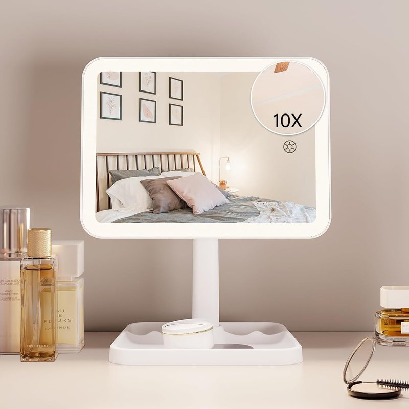 Rechargeable Lighted Makeup Mirror - 10X Magnification, 3 Color Lighting | Portable Tabletop Design, 360° Rotation, White