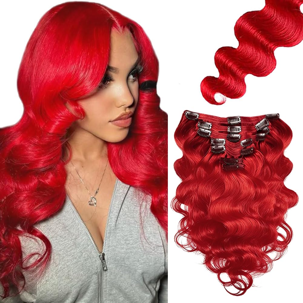 Red Clip in Hair Extensions Real Human Hair, 28 Inch 120g/7Pcs,Full Shine Remy Human Hair,Wine Red Body Wave Clip ins Brazilian Virgin Human Hair Extensions