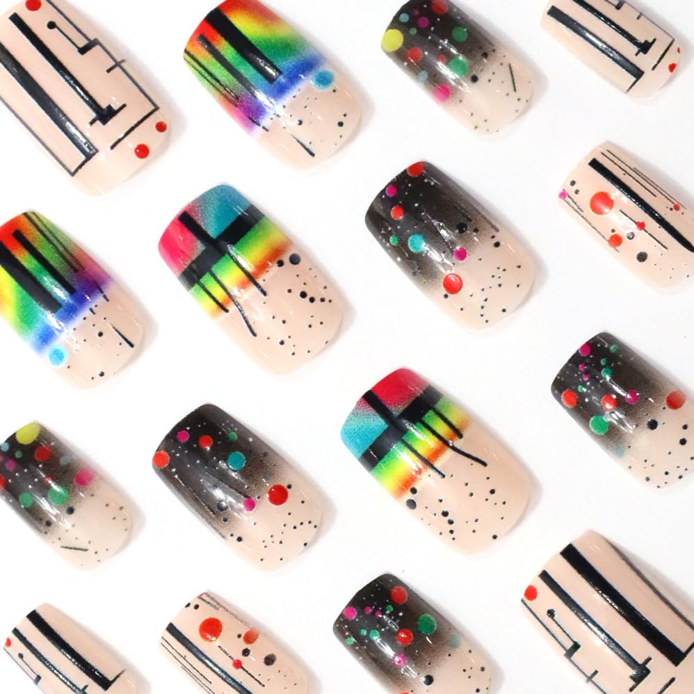 Rainbow Polka Dot Press-On Nails | Medium Square Colorful Acrylic Full Cover | 24 Pcs Reusable Summer Design