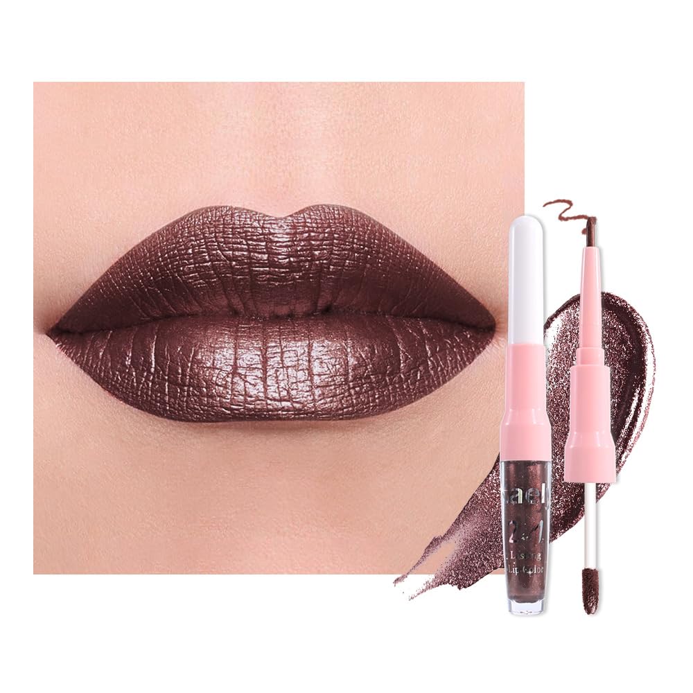 Dark Purple Red Metallic Glitter Lip Liner & Lipstick Combo - Long Lasting Waterproof Liquid Lipstick Set for Women | Iridescent Shine, Non-Stick Cup