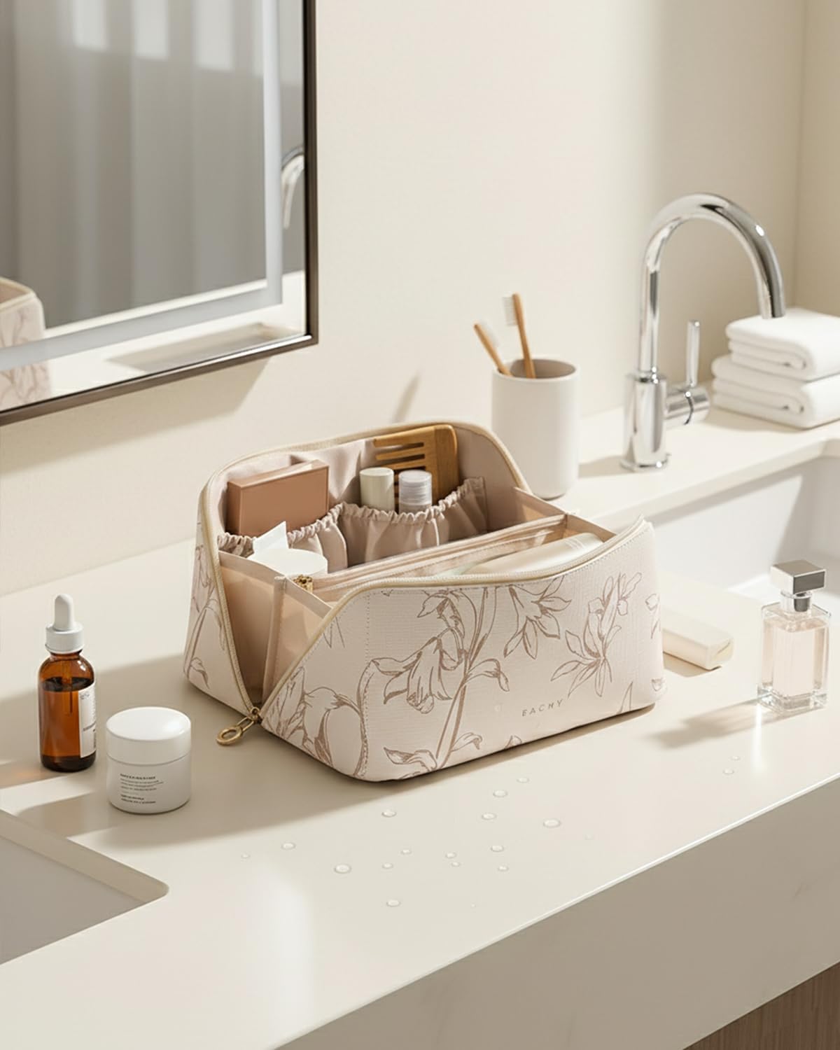 Travel Makeup Bag - Large Capacity Waterproof Cosmetic Pouch | Open Flat Design (F-Beige)