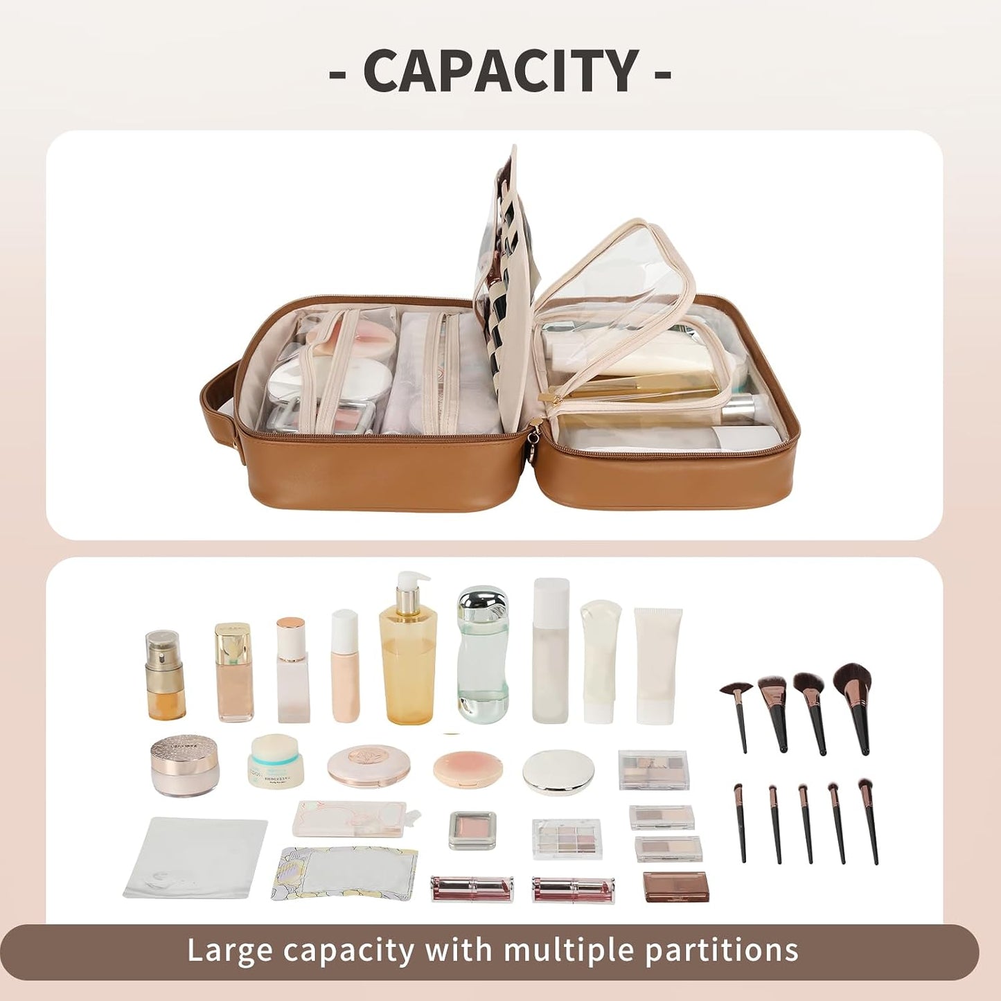 Travel Toiletry Bag for Women - Waterproof Makeup Organizer with Compartments | Portable Cosmetic Case in Brown