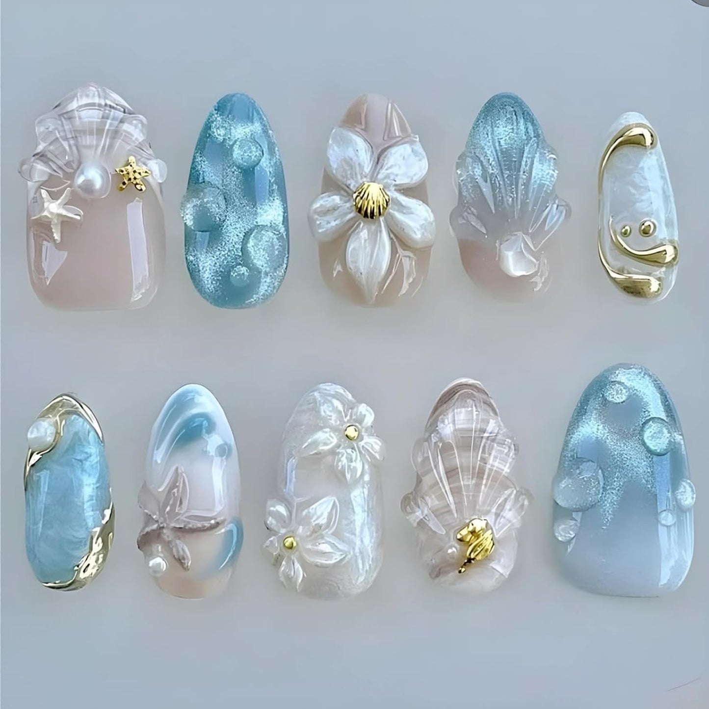 Almond Press On Nails - 30Pcs Medium Fake Nails with 3D Floral Art | Red French Gradient Acrylic for Women