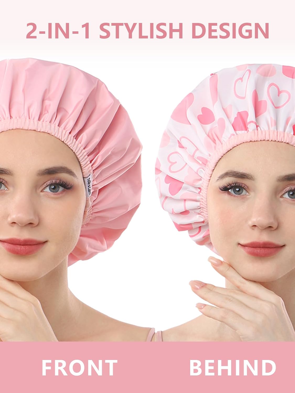 Reusable Waterproof Shower Caps for Women - Double Layer, Reversible Design | Soft Elastic Keeps Hair Dry