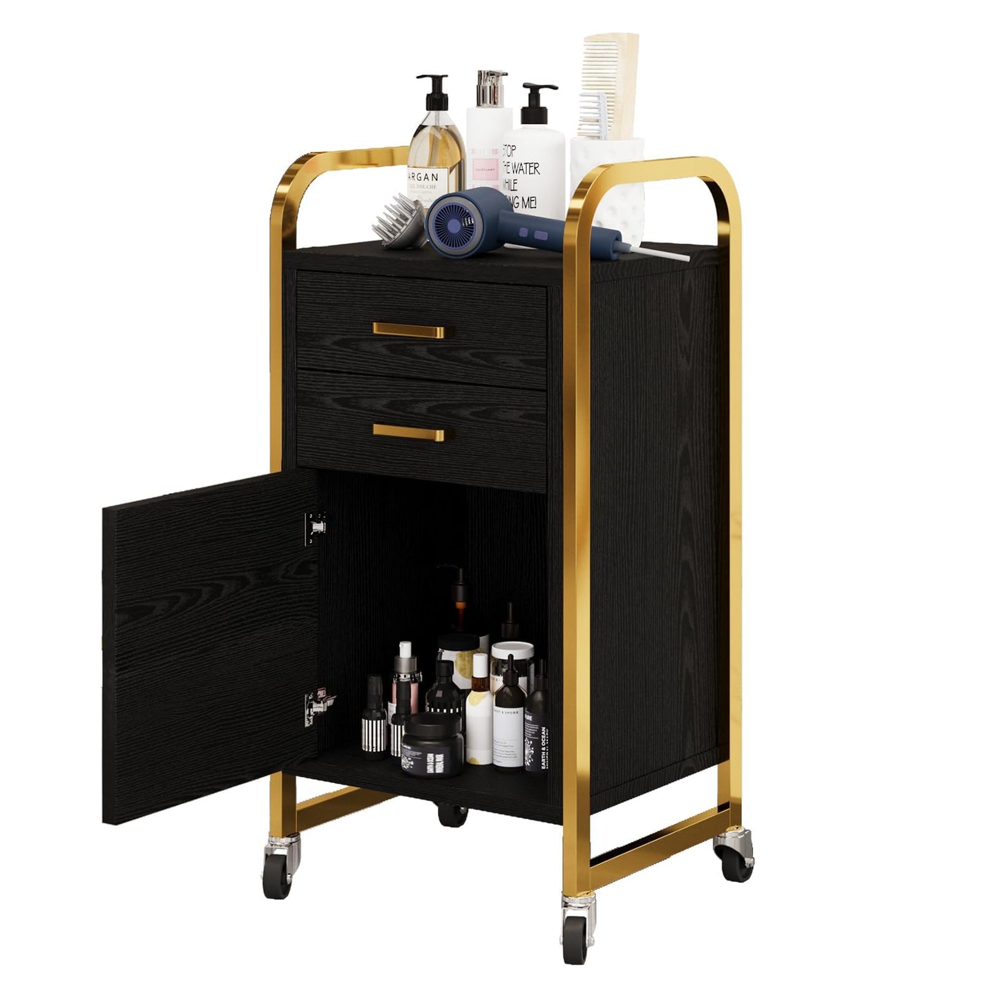 Salon Station for Hair Stylist, Rolling Salon Trolley Cart with Wheels, Beauty Barber Station with 2 Drawer & Cabinet, Mobile Storage Cabinet for Barbershop, Spa&Tattoo, Black and Gold