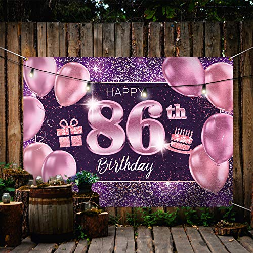 86th Birthday Banner Backdrop - Pink Purple Gold 4x6ft Party Decor
