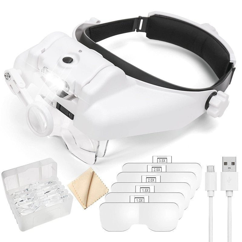 Dilzekui Headband Magnifying Glass with Light, Rechargeable Head Magnifying Glasses 1X to 14X, Magnifier Headset with 6 Detachable Lens, Hands Free Head Mount Magnifier for Close Work Jewelry Crafts