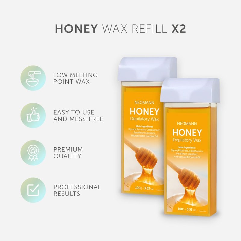 Roll on Wax Kit for Hair Removal with 2x Honey Cartridges Black | 100 Wax Strips wax roller for Hair Removal-Pink with 10 PostWax Treatments