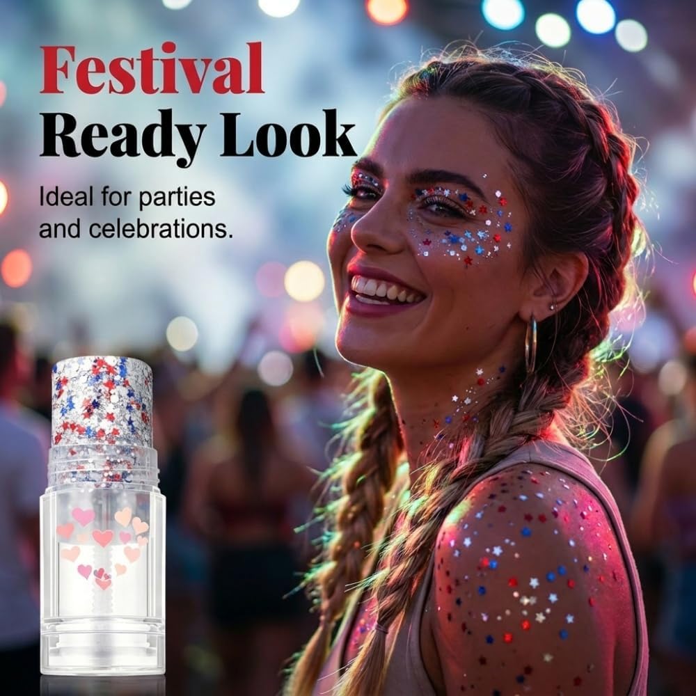 Patriotic Body Glitter Stick - Red, White & Blue Sparkle for Face and Hair | Perfect for Independence Day Celebrations