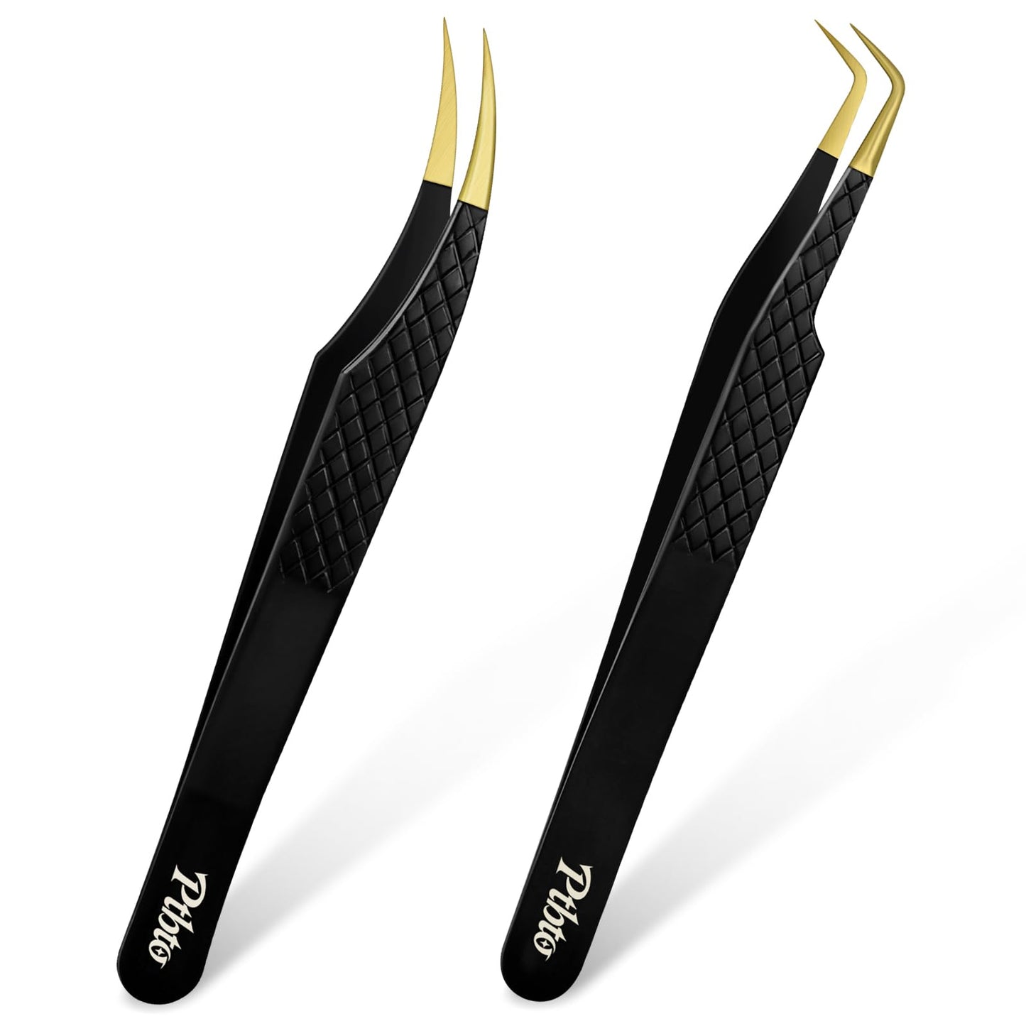 2 Pack Eyelash Extension Tweezers, Professional Pointed & Slanted Tweezers for Eyelash Lifting, Lash Extension Application, False Eyelashes, Made of Premium Surgical Stainless Steel (Black)