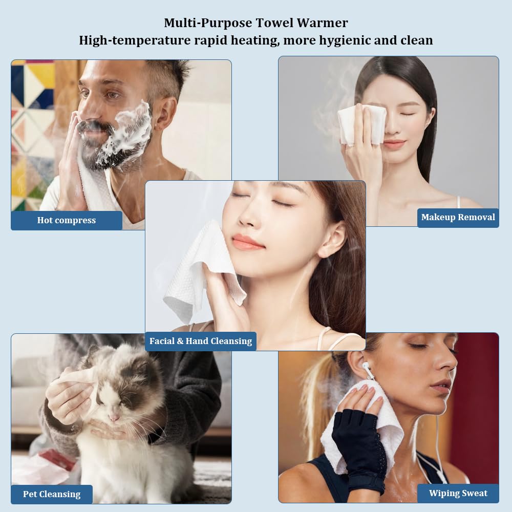 Towel Warmer Machine - Hot Face Towel Heater with Smart Voice Alerts | 55°C Constant Temperature, 20 Compressed Towels, White