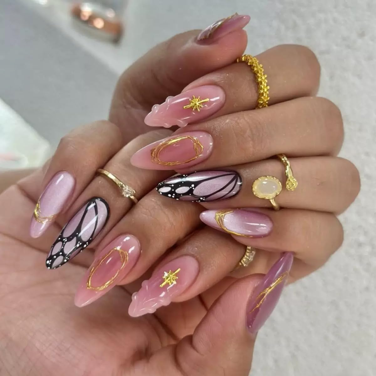 Almond Press-On Nails - Ombre Purple Floral Butterfly Design | 24 Full Cover Rhinestone False Nails for Women
