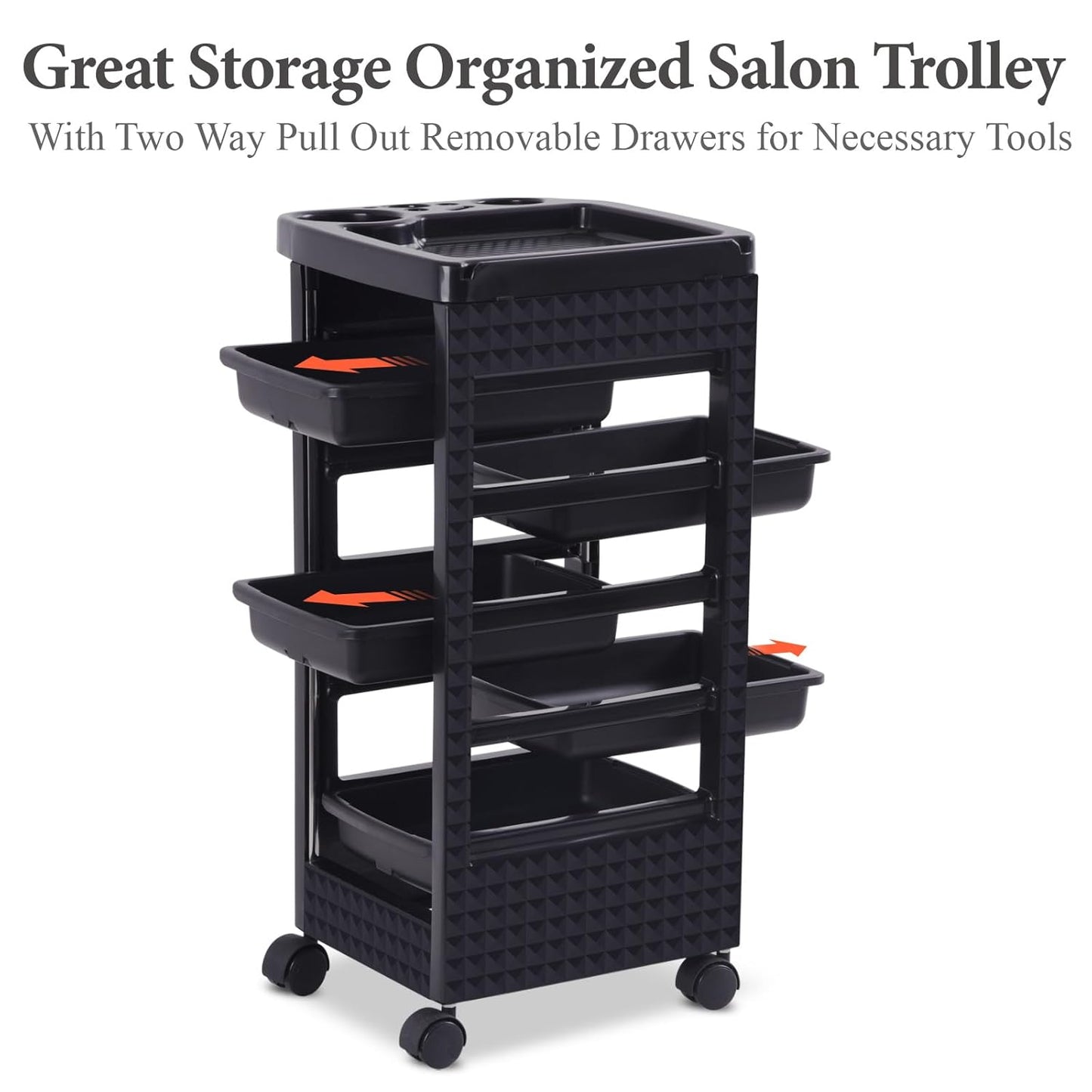 Black Salon Trolley Cart with Wheels - 5 Drawers & Dryer Holder | Hair Stylist Equipment