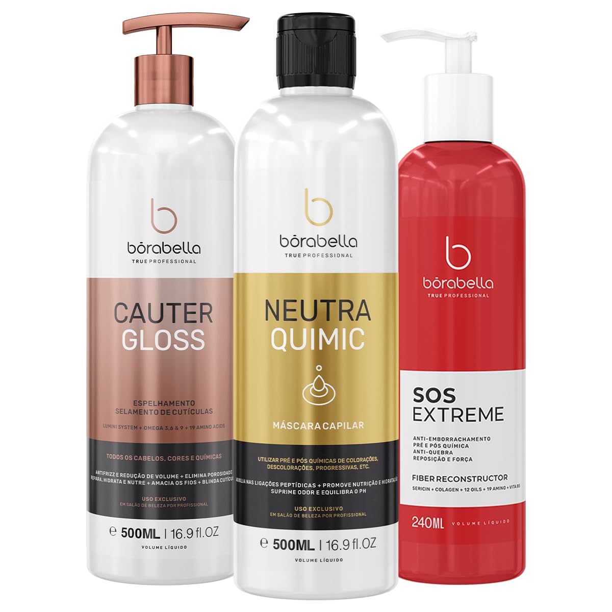 Borabella Professional Hair Treatment Kit, Cauter Gloss, NeutraQuimic and SOS Extreme, 16.9 fl oz + 16.9 fl oz + 8.1 fl oz, 3 Piece Set
