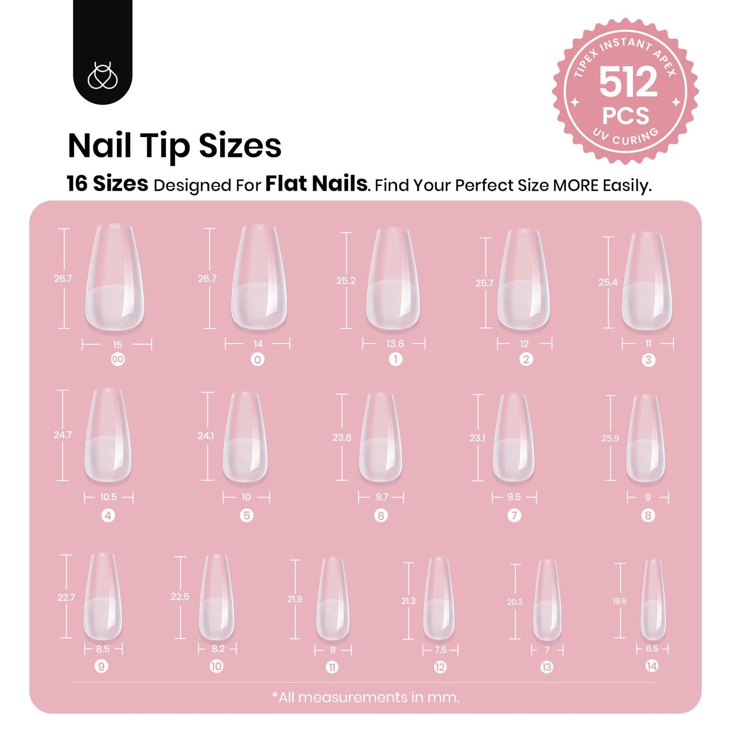 Beetles Tipex Instant Apex Nail Tips, Medium Coffin, 16 Sizes 00–14, 512pcs, No Builder Gel Required, Thicker Strong Acrylic Tips for DIY Salon-look Extensions