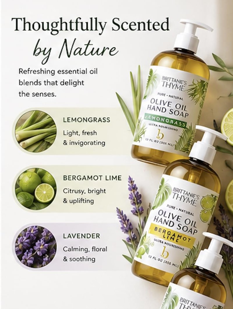 Brittanie's Pure Castile Liquid Hand Soap Refill - Bergamot, Lavender & Lemongrass | 12 Ounce Pack of 3 | Gentle Vegan Formula