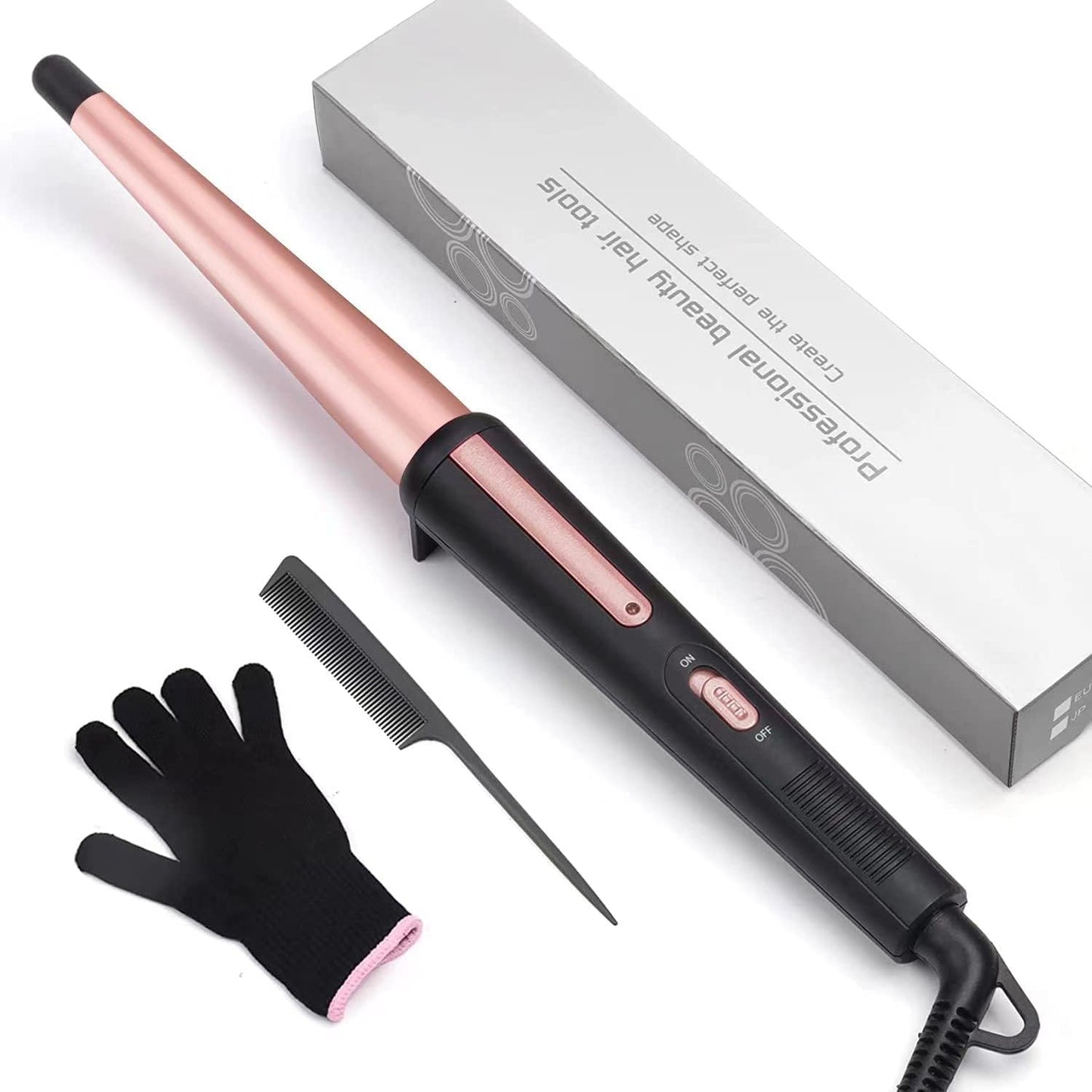 Professional Hair Curling Wand - 0.5-1 Inch Tapered Ceramic Curler with Heat-Resistant Glove | Dual Voltage Pink