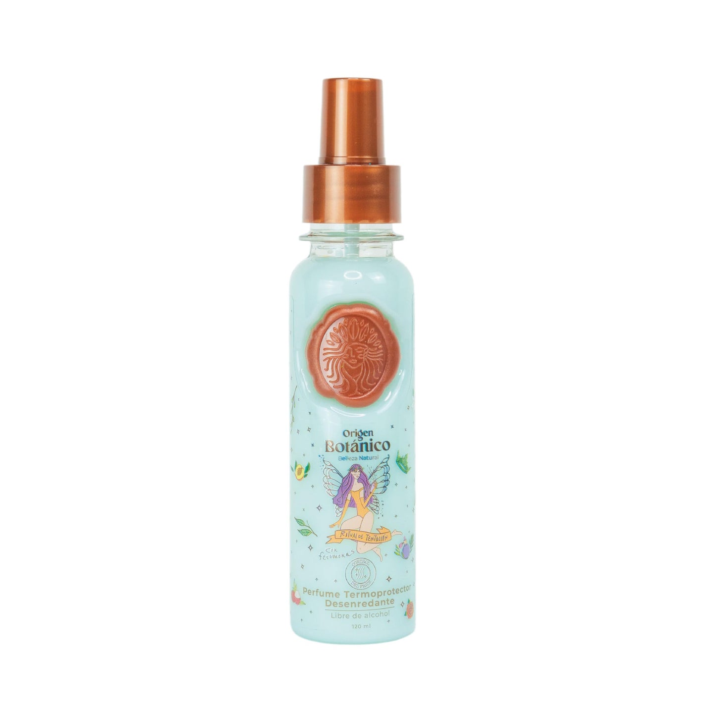 Origen Botánico Perfume Termoprotector para Cabello, Sin Alcohol, Antifrizz, Desenredante, Protección solar, Con Feromonas, Aroma Ritual de Tentación Jazmín y Vainilla 120ML. Todo tipo de cabello.