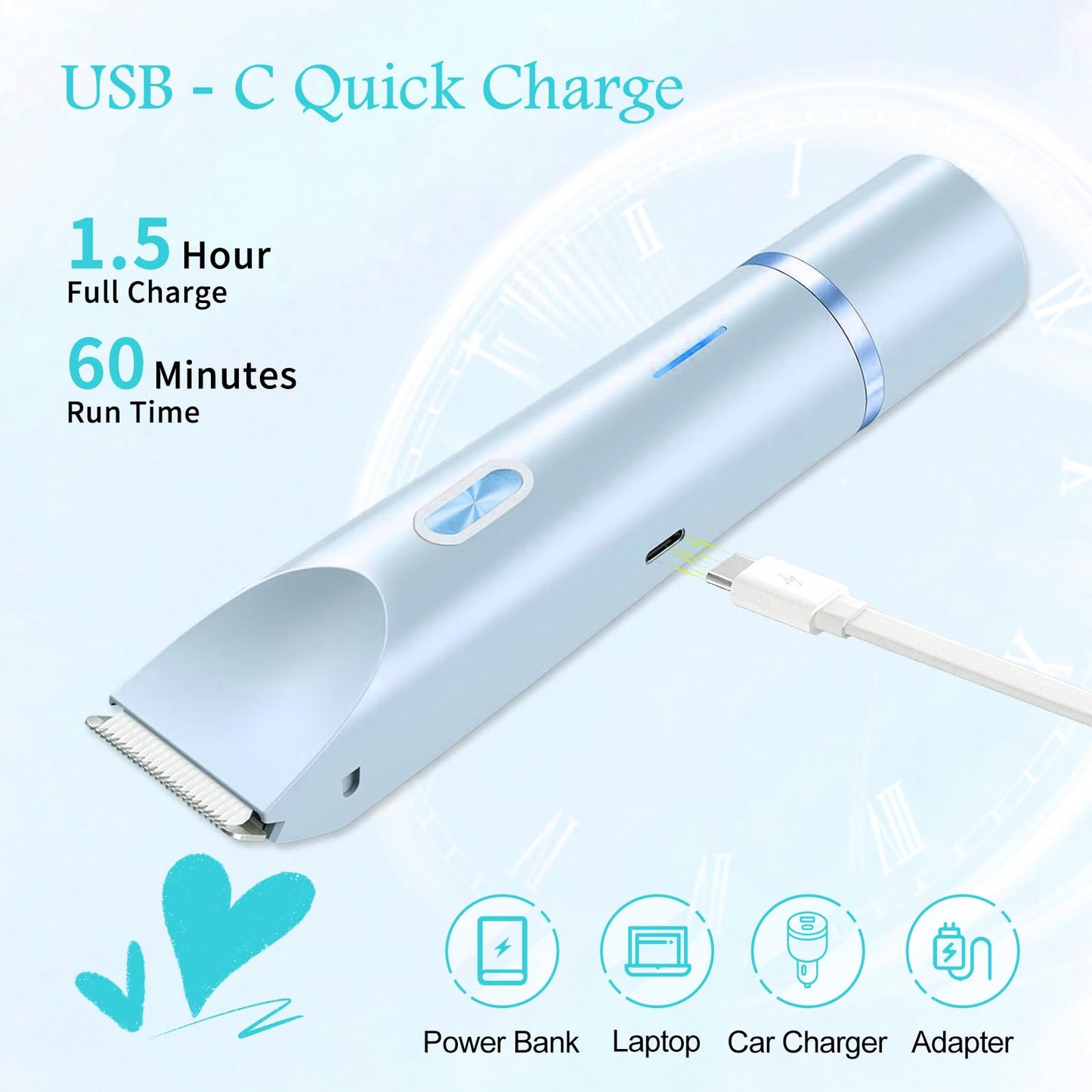 Bikini Trimmer for Women, 2 in 1 Electric Razors for Women, Rechargeable Cordless & Painless Hair Removal, Ultra Low Silent, Easy Cleaning, IPX7 Waterproof Bikini Shaver for Sensitive Skin (Blue)