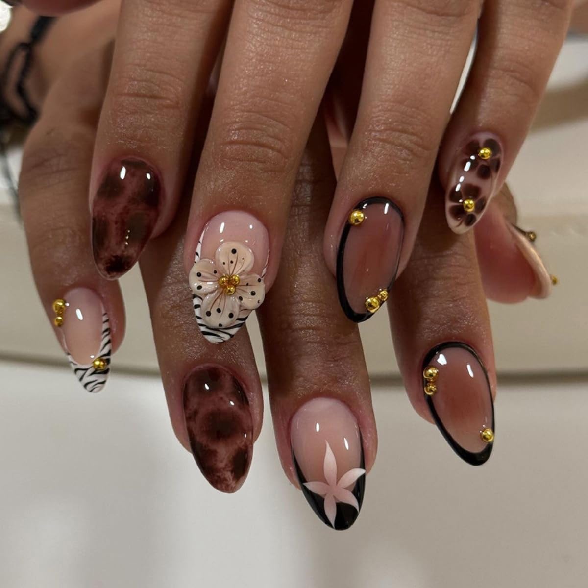 Polka Dot Press-On Nails - Short Almond Nude Chrome | Reusable Full Cover with Glazed Finish & White Dots