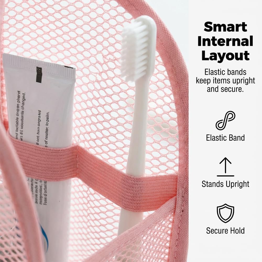 Portable Standing Toiletry Bag - Foldable Mesh Hanging Organizer for Bathroom | Large Capacity - Pink