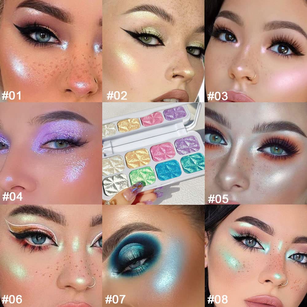 8 Color Face Highlighter Palette - Shimmer & Iridescent Multichrome Shades | Glitter Makeup for Highlighting & Contouring