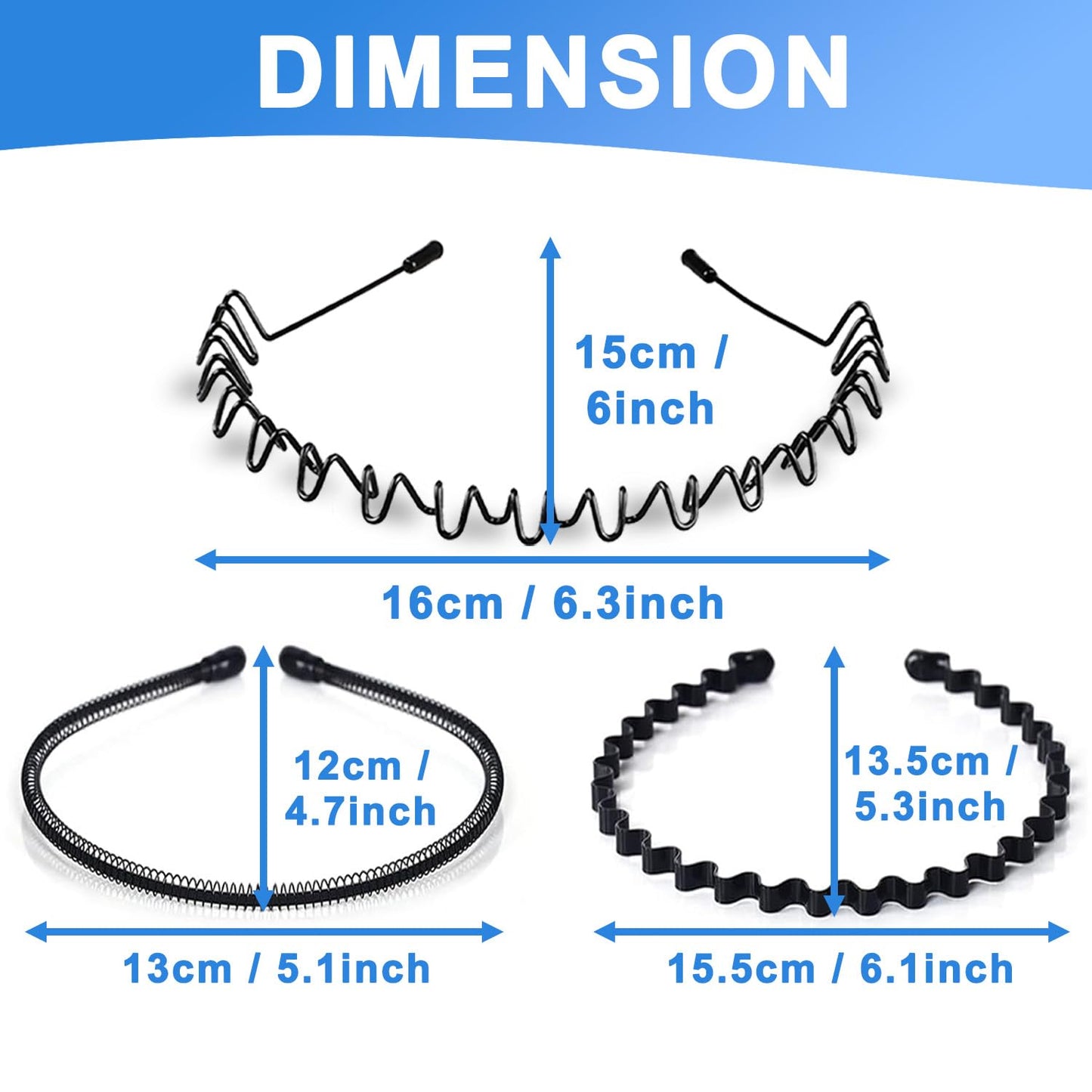 Adjustable Metal Headbands for Men & Women - Non-Slip Zigzag Design | 3 Pack Black Sports Hairbands for Running & Workouts