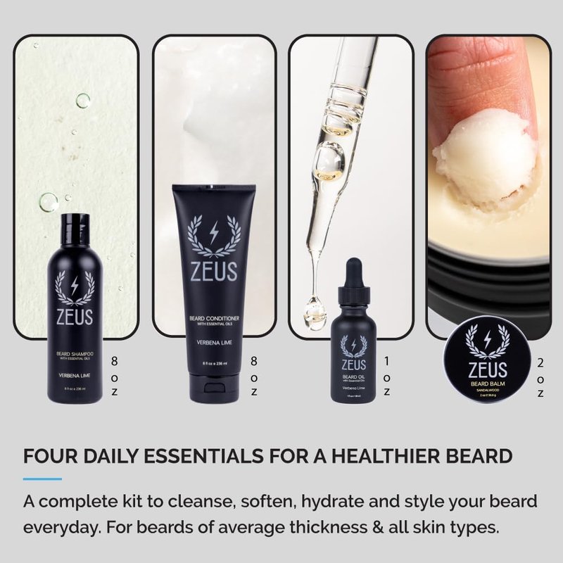 ZEUS Everyday Beard Kit for Men, Facial Hair Shampoo, Conditioner, Oil, Balm & Tin Gift Box, Premium Father's Day Beard Care & Grooming Set (Made in USA) Verbena Lime