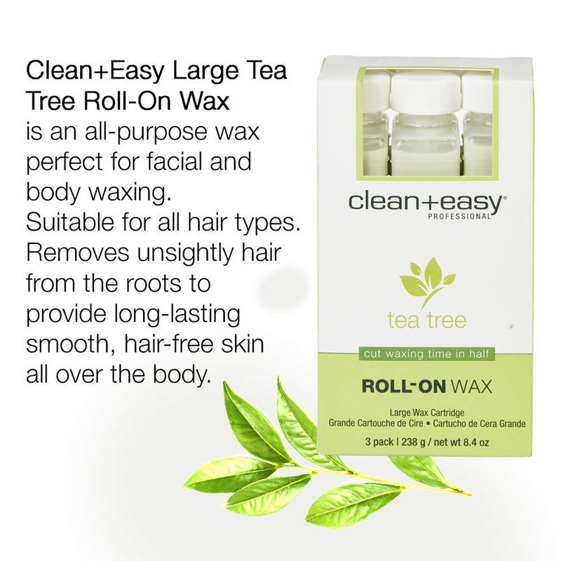 Clean + Easy Tea Tree Roll On Wax – Large, Soft Wax Refill Cartridge for Hair Removal on Sensitive Skin, Legs & Body, 3 Pack