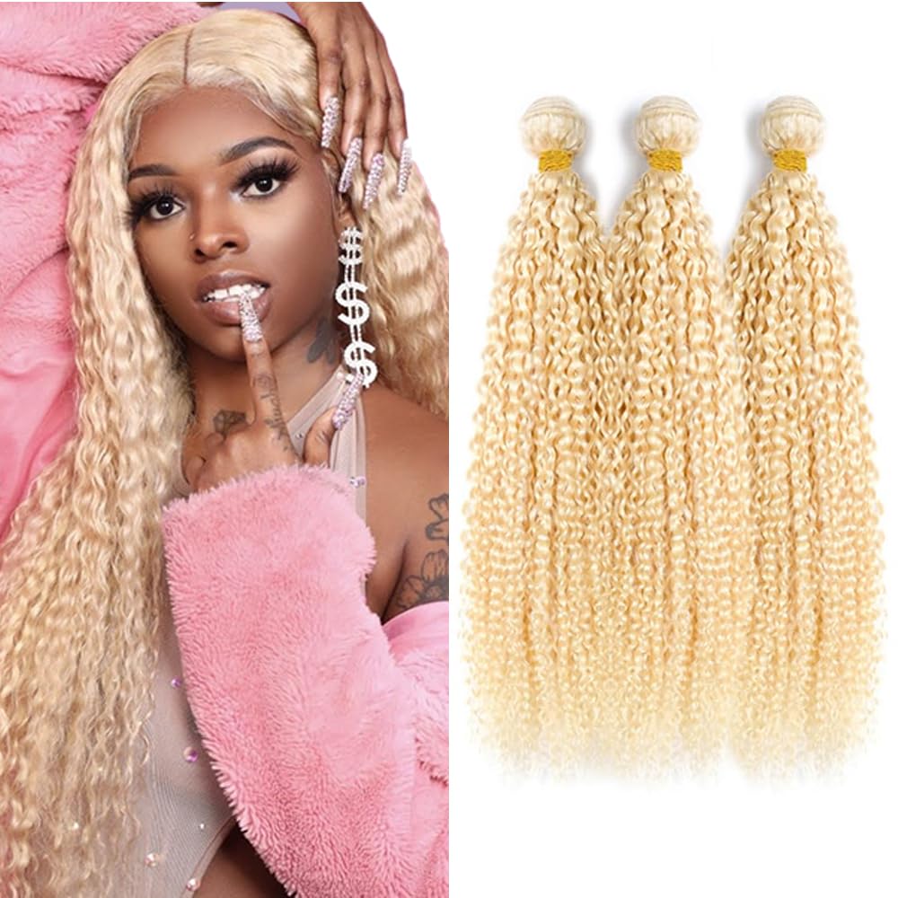 300g Blonde Human Hair Bundle 613 Blonde Kinky Curly Bundles 18 20 22 Inch Brazilian Virgin Hair 3 Bundles 613 Loose Wave Hair Extensions
