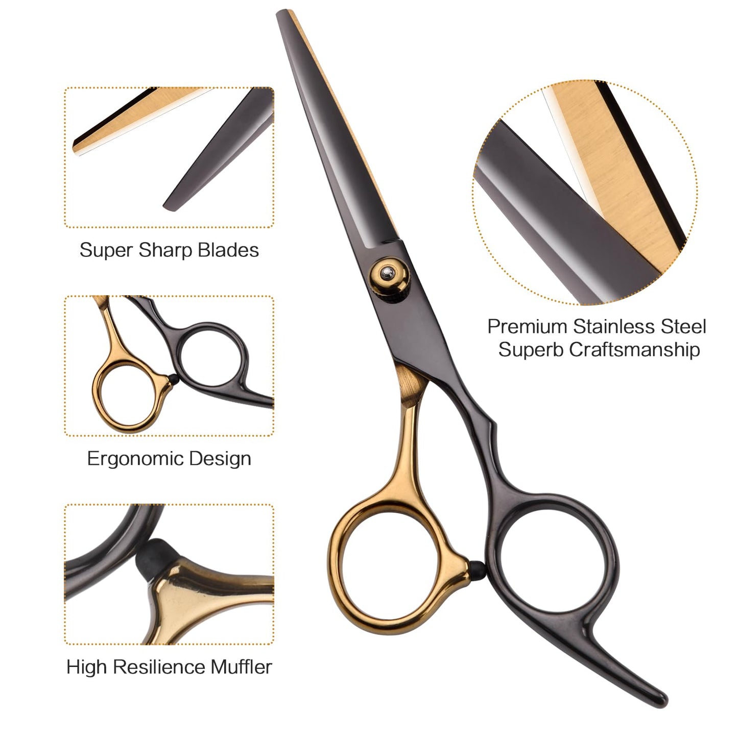 Hair Cutting Scissors Kit, Hair Scissors Professional Haircut Scissor with Stainless Steel Barber Shears, Thinning Shears, Haircut Accessories in Leather Case for Salon/Home- 10PCS Gold Black