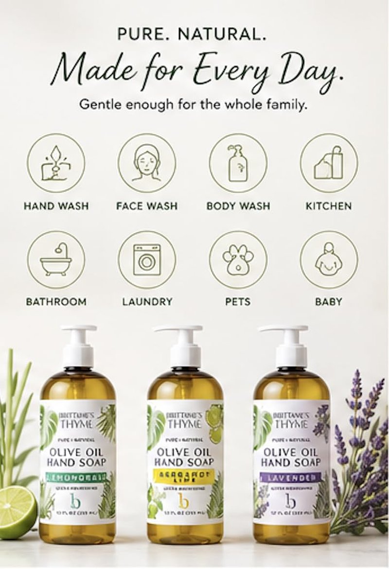 Brittanie's Pure Castile Liquid Hand Soap Refill - Bergamot, Lavender & Lemongrass | 12 Ounce Pack of 3 | Gentle Vegan Formula