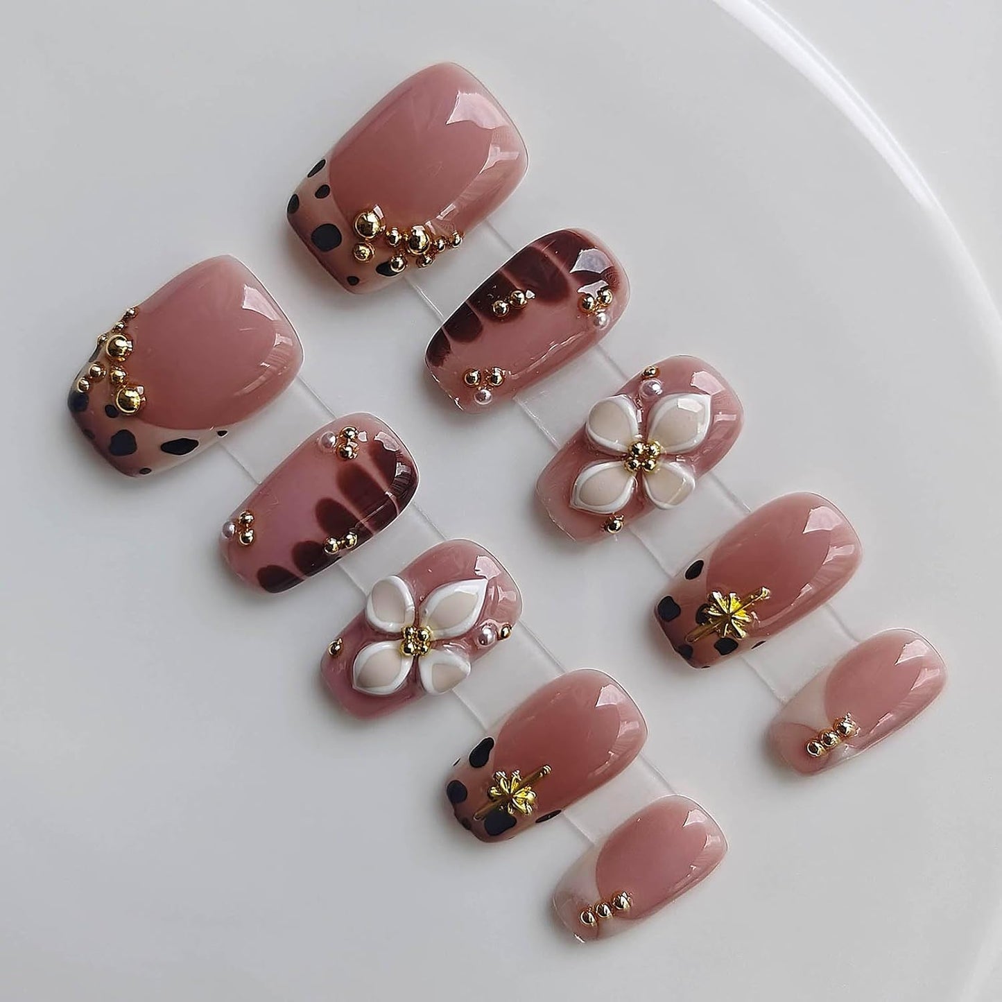 Pink Press On Nails - Handmade Short Square Style | M Size Daily Wear Y2K Cute French Design with Polka Dot & 3D Flowers - 10 Pcs