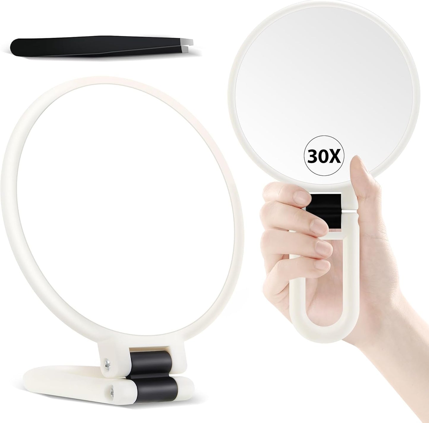 30X Magnifying Hand Mirror - Double-Sided Portable Makeup Mirror | Travel Essential in Black