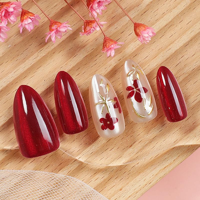 Almond Medium Press-On Nails - 30Pcs Blue Sea French Acrylic Set | 3D Cat Eye Design for Women
