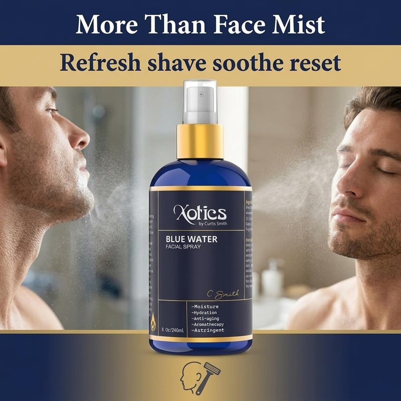 Xotics Blue Water Facial Spray - 8oz - Hydrating Face Mist With Aloe Vera - Refreshing Toner for Men & Women, Aftershave, Daily Moisturizing Splash for All Skin Types