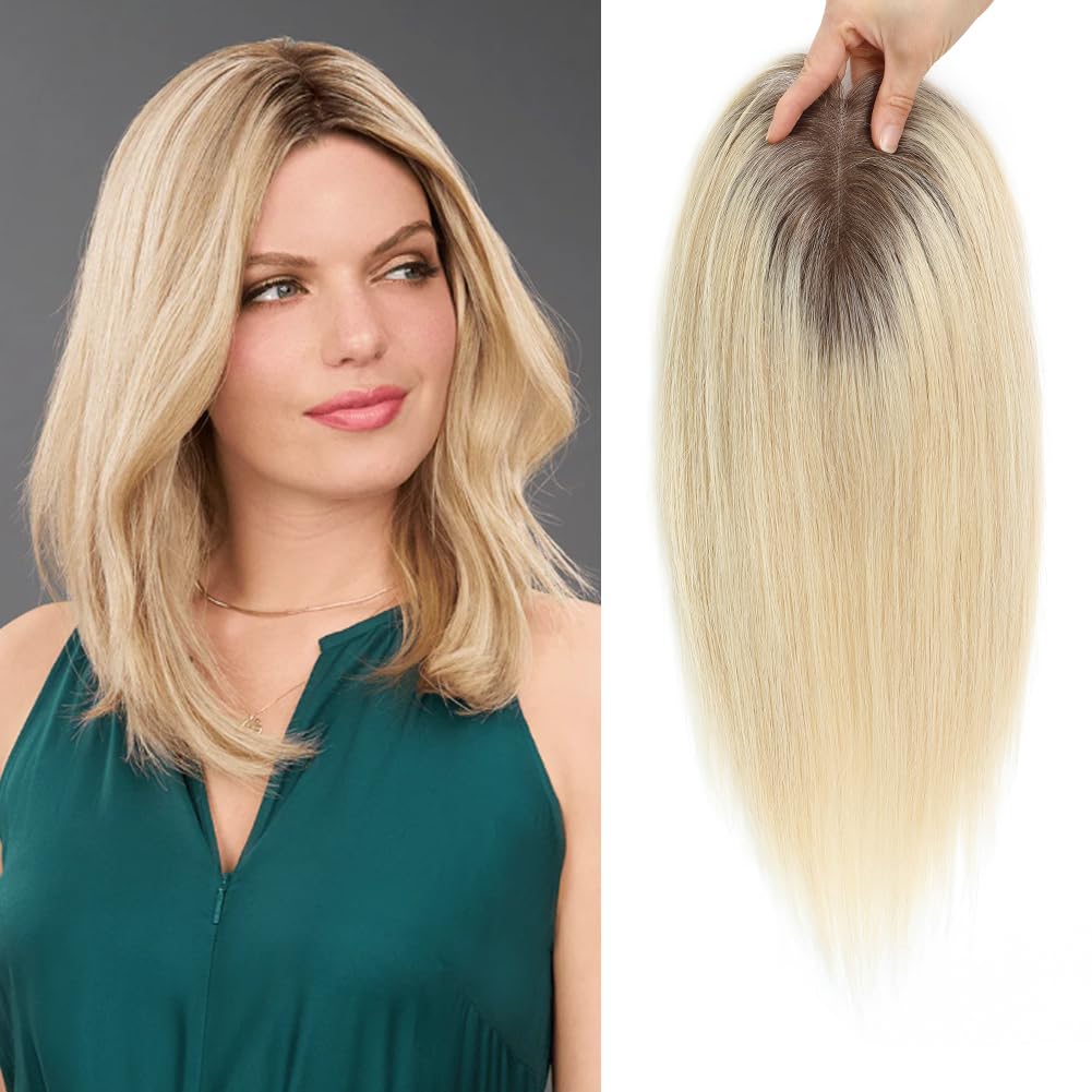 Human Hair Toppers for Women - Medium Brown with Warm Blonde Highlights | 10cm x 12cm