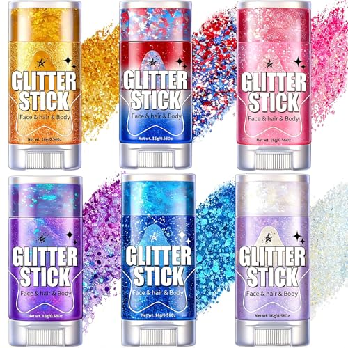 AROIC Body Glitter Stick- 6 Pack Patriotic Red White and Blue Face& Hair Glitter, 4th of July Outfits Rave Accessories, USA Flag Sparkling Face Makeup for Women Independence Day Festival Concert Party