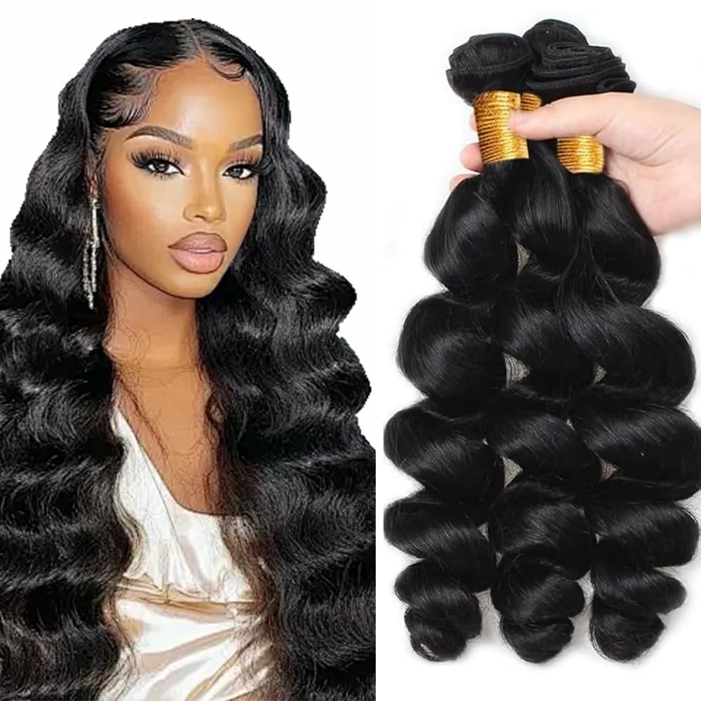 14 16 18 Inch Loose Deep Wave Bundles Human Hair 3 Bundles Brazilian Remy Hair 50 Grams/Bundle #1B Natural Black Color Loose Wave Bundle 10A Grade Unprocessed Virgin Hairs Weaves Extensions