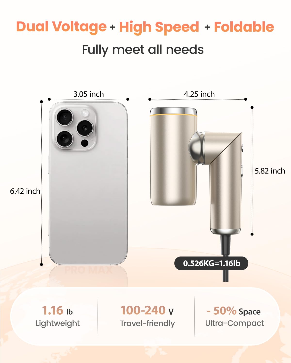 Travel Hair Dryer Dual Voltage for Europe Foldable, High Speed Ionic Blow Dryer Fast Drying,100-240V Portable Dryers with Magnetic Nozzles,1300W-gold